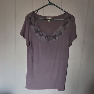 Forever Fashion Flower Decorated Pluge Neckline Shirt Gray